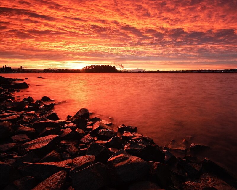 Rocky Shoreline at Sunset — Red, Dramatic, Photograph, Sky