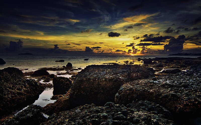 Rocky Shoreline at Sunset — Yellow, Dramatic, Photograph, Ocean, Sky