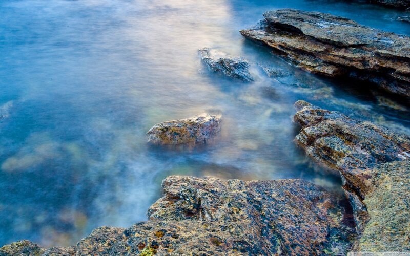 Rocky Shoreline — Blue, Serene, Sunset