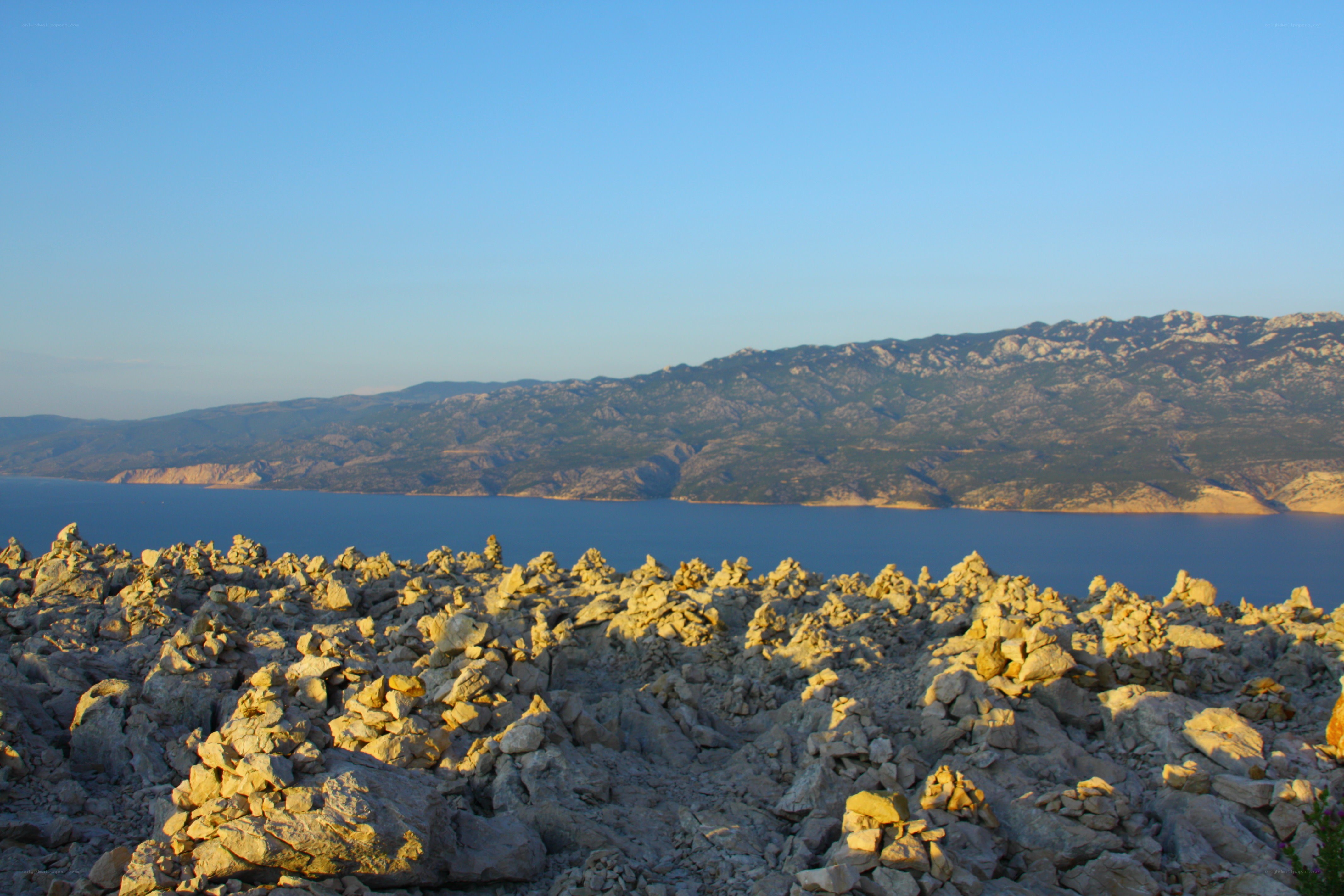 Rocky shoreline by a lake