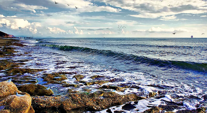 Rocky Shoreline Waves — Blue, Dramatic, Afternoon