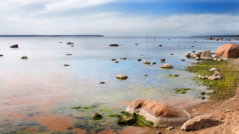 Rocky shoreline with calm water