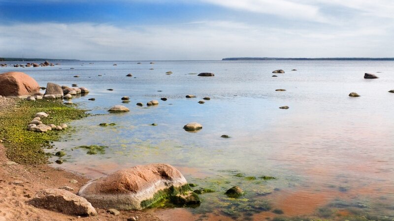 Rocky shoreline with calm water