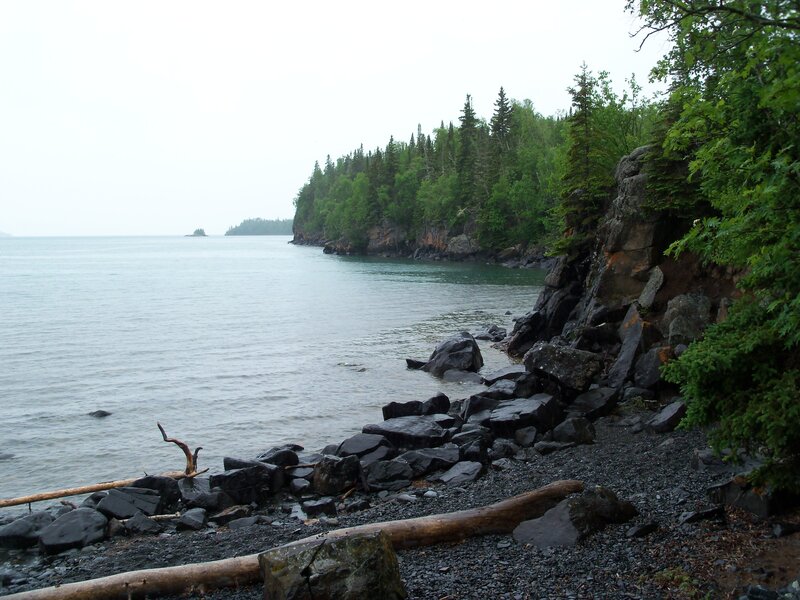 rocky shoreline with forested coast