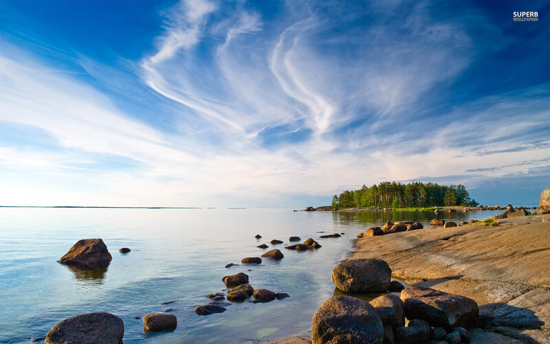Rocky Shoreline with Island — Blue, Serene, Afternoon, Photograph