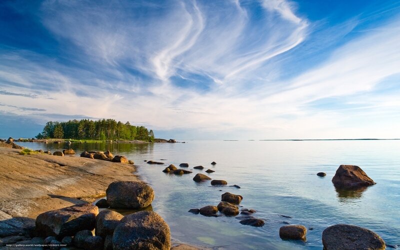 Rocky Shoreline with Island — Blue, Serene, Morning, Photograph