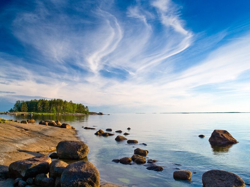 Rocky Shoreline with Island — Blue