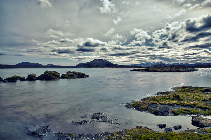 Rocky Shoreline with Lake — Gray