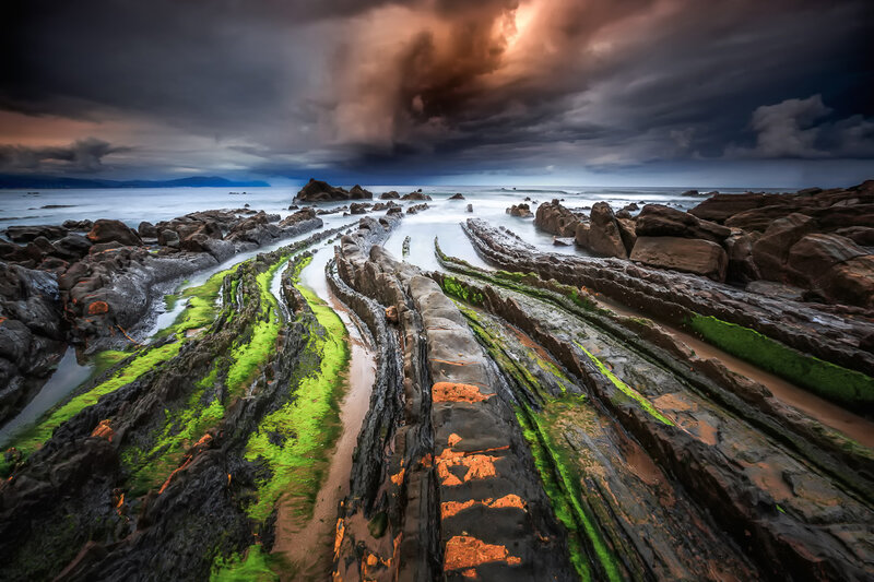 Rocky Shoreline with Moss — Green, Dramatic