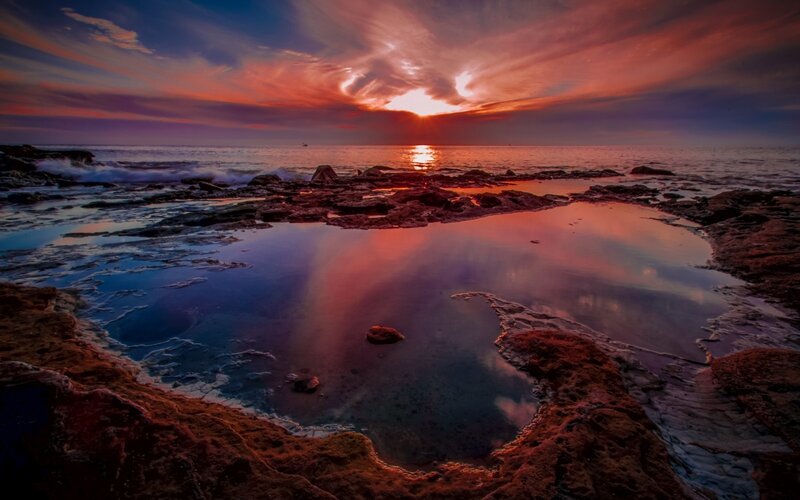Rocky Tide Pool at Sunset — Red