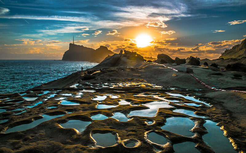 Rocky Tide Pools at Sunset — Blue, Dramatic, Photograph, Ocean