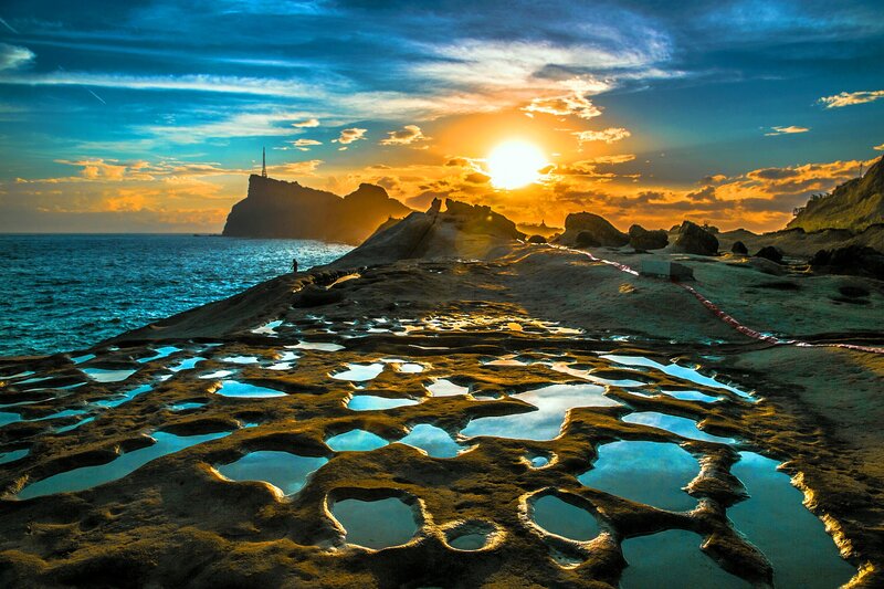 Rocky Tide Pools at Sunset — Blue, Dramatic, Photograph