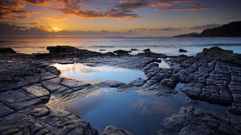 Rocky Tide Pools at Sunset — Blue, Serene, Photograph, Ocean, Sky, Clouds, Orange