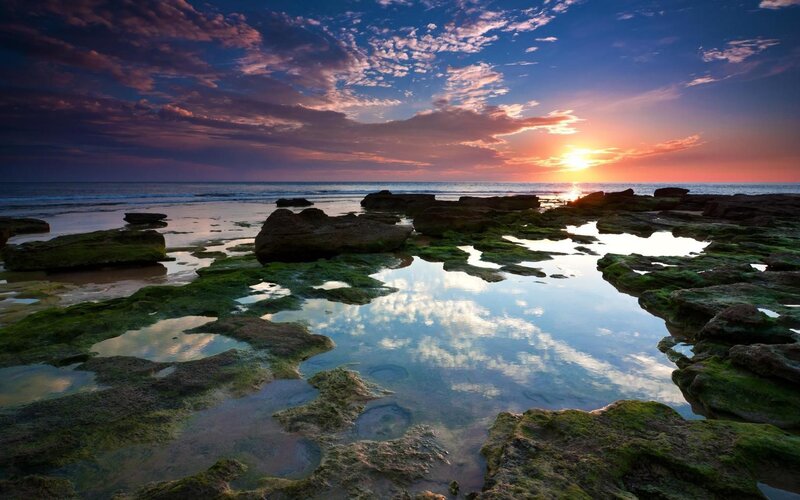 Rocky Tide Pools at Sunset — Blue, Serene, Photograph, Ocean, Sky, Clouds, Purple