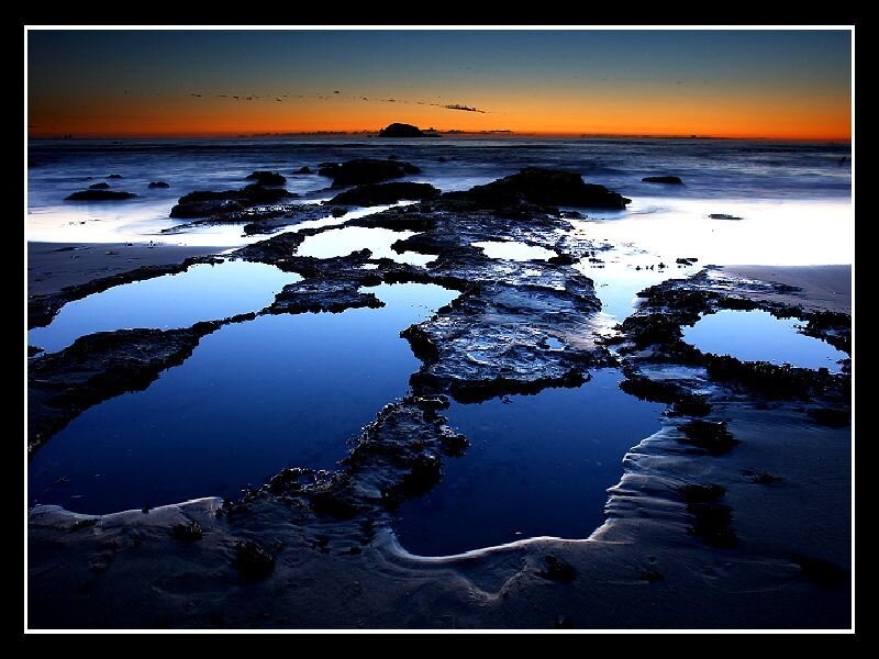 Rocky Tide Pools at Sunset — Blue, Serene, Photograph, Ocean, Sky, Rocks