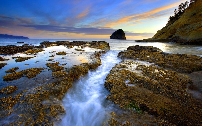 Rocky Tide Pools at Sunset — Blue, Serene, Photograph