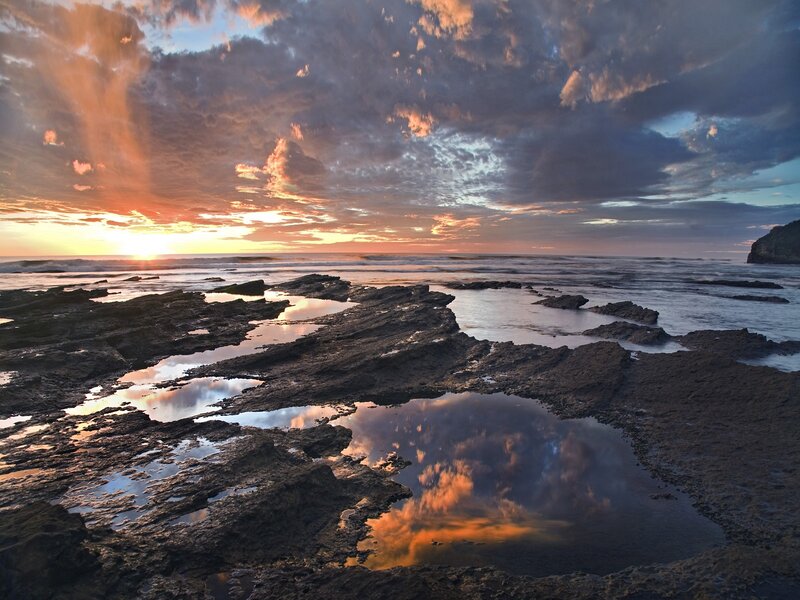 Rocky Tide Pools at Sunset — Orange, Dramatic, Photograph, Ocean, Clouds