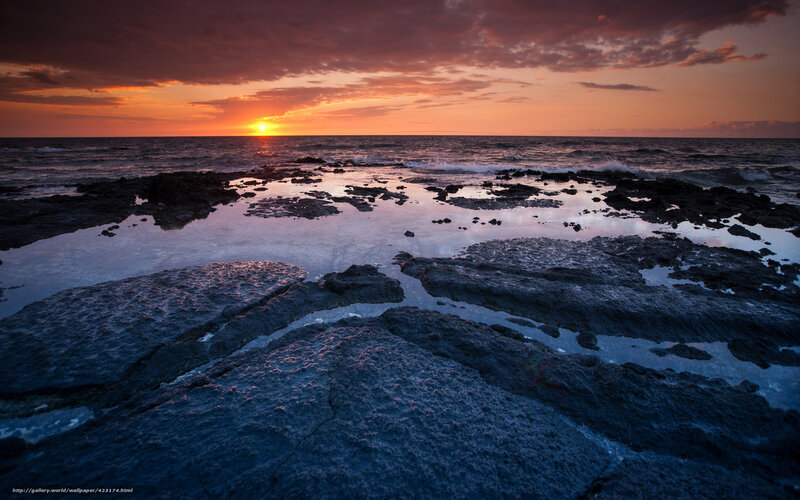 Rocky Tide Pools at Sunset — Orange, Dramatic, Photograph, Ocean