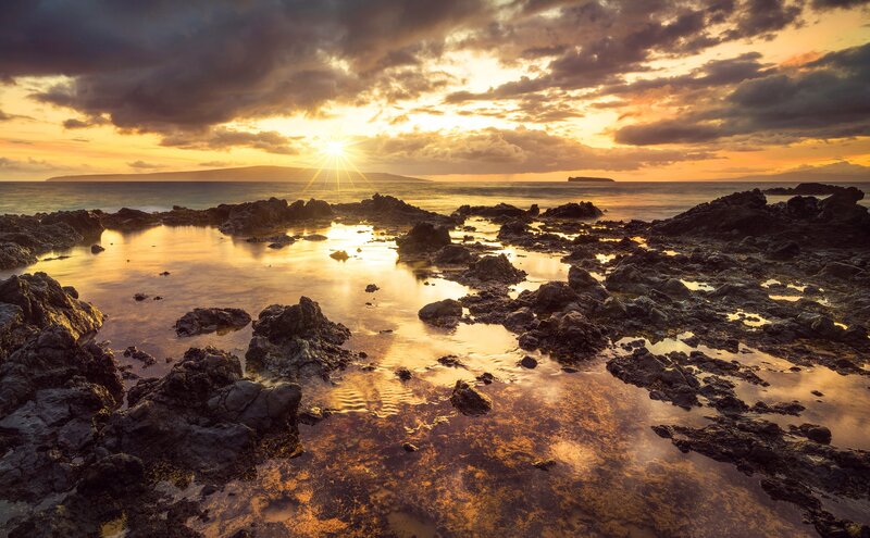 Rocky Tide Pools at Sunset — Orange, Dramatic, Photograph, Sun