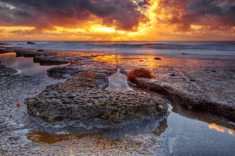 Rocky Tide Pools at Sunset — Orange, Dramatic, Photograph