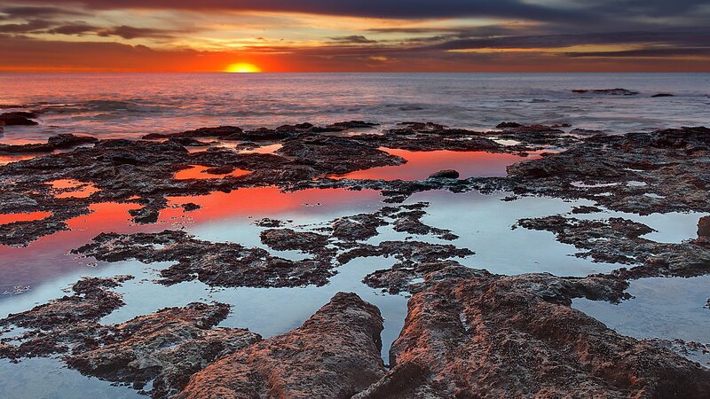 Rocky Tide Pools at Sunset — Orange, Serene, Photograph, Ocean, Sky