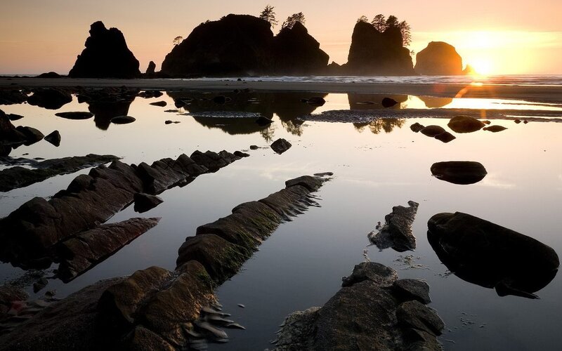 Rocky Tide Pools at Sunset — Orange, Serene, Photograph