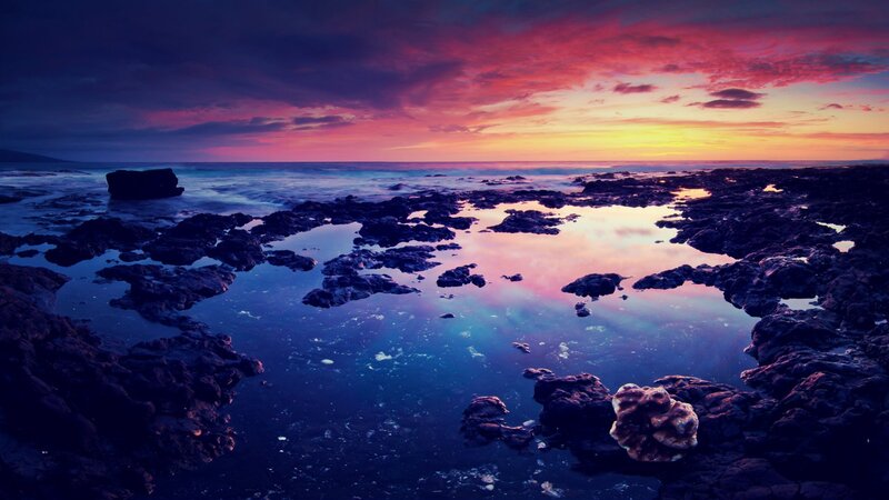 Rocky Tide Pools at Sunset — Purple, Dramatic, Photograph, Ocean, Sky, Rocks