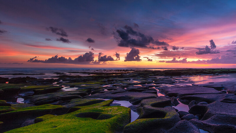 Rocky Tide Pools at Sunset — Purple, Dramatic, Photograph