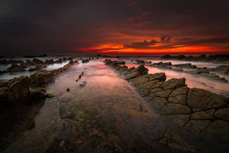 Rocky Tide Pools at Sunset — Red, Dramatic