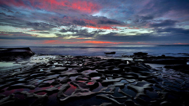 Rocky Tide Pools at Sunset — Red