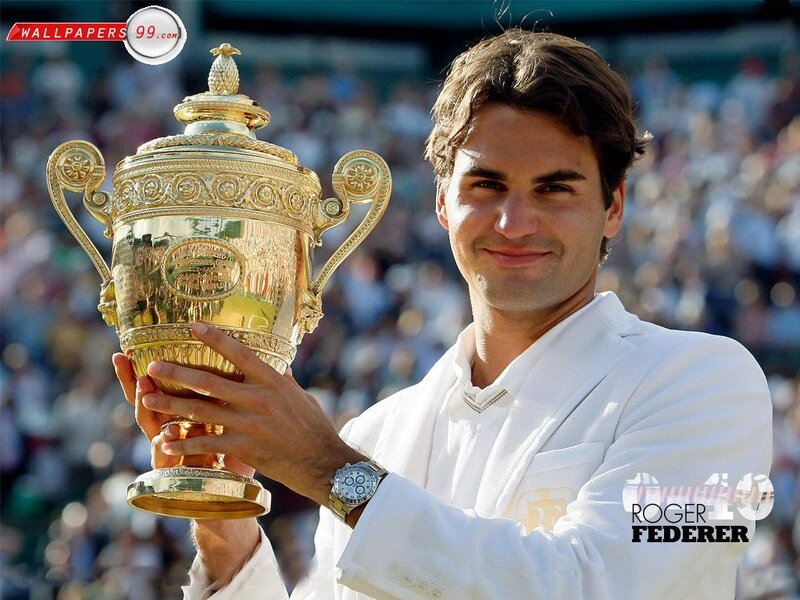 Roger Federer Holding Trophy — Gold