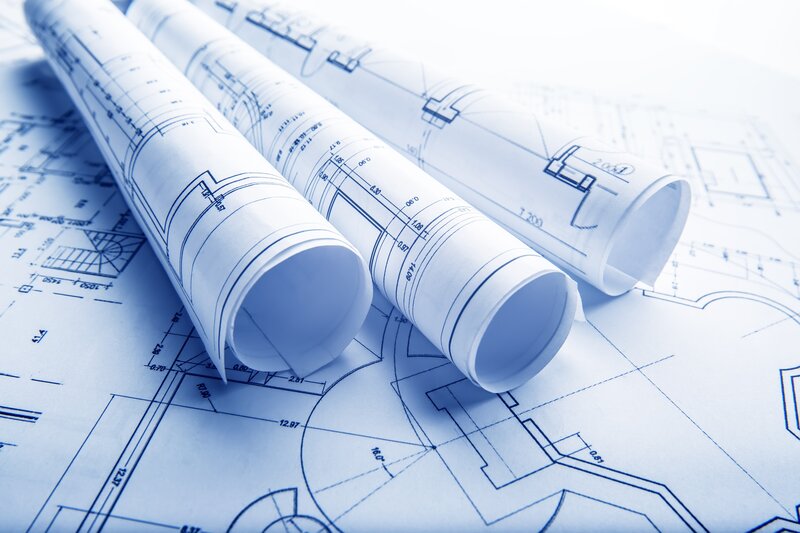 Rolled Blueprints on Plans — Blue