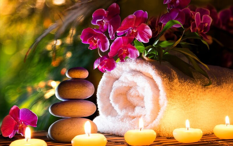 Rolled Towel with Orchids — Purple
