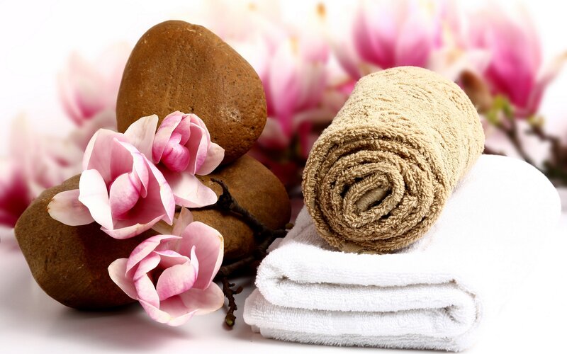 Rolled Towels and Flowers — White