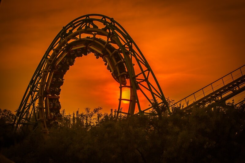 Roller coaster at sunset