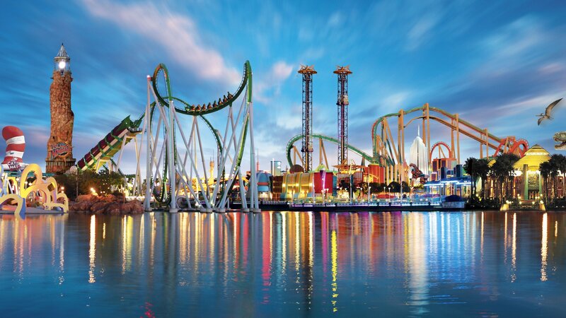 Roller Coasters at Amusement Park — Blue, Vibrant, Sunset