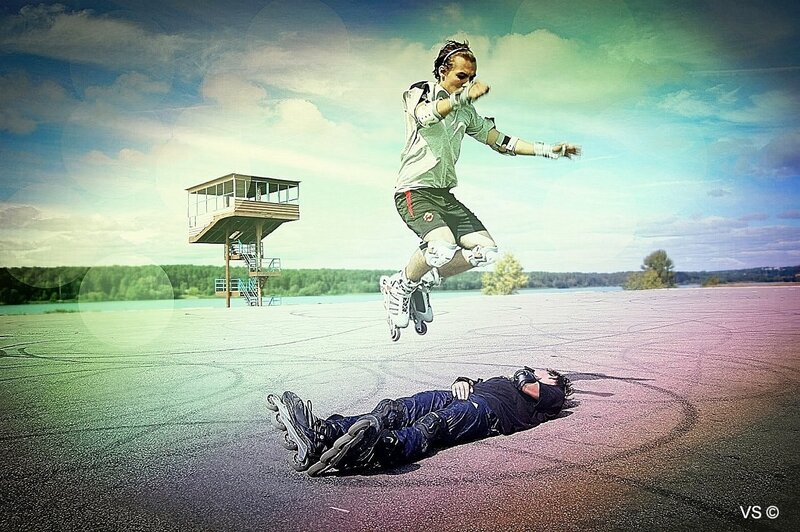 Roller skater jumping over opponent