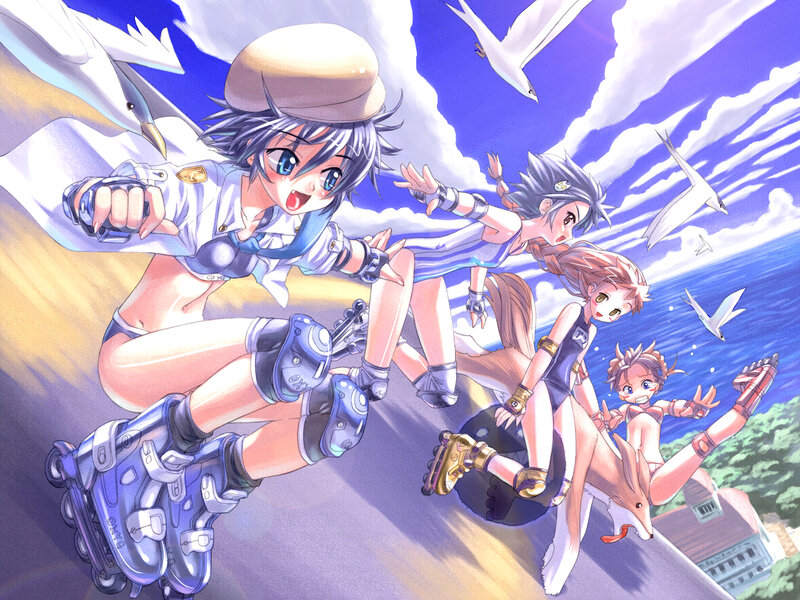 Roller skating friends at the beach