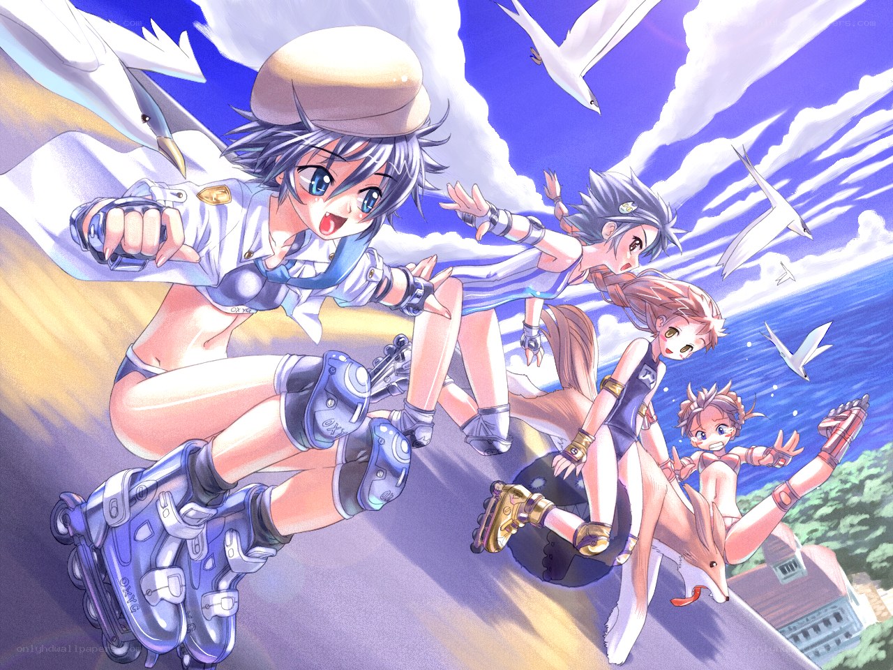 Roller skating friends at the beach