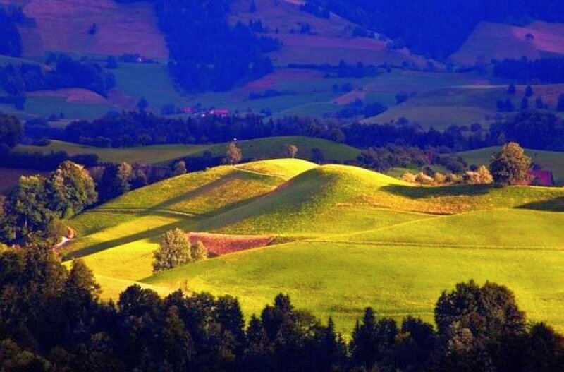 Rolling green hills at sunset