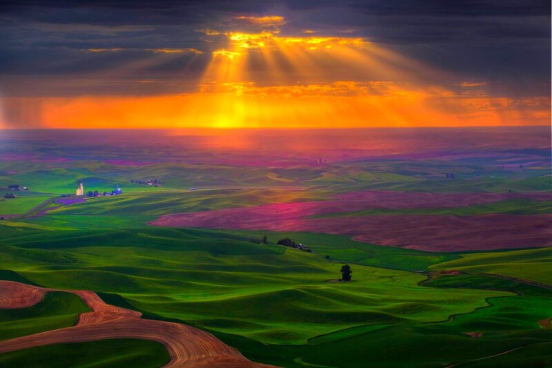 Rolling Green Hills at Sunset — Dramatic, Photograph, Sunbeams