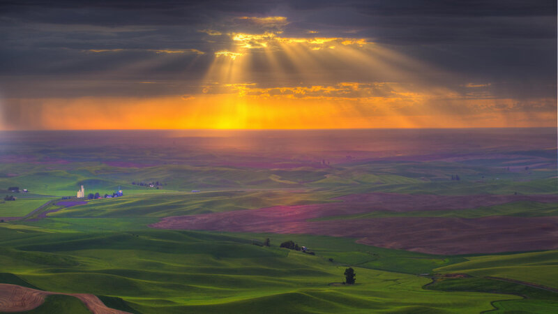 Rolling Green Hills — Dramatic, Sunset, Photograph, Farm Buildings, Sunbeams