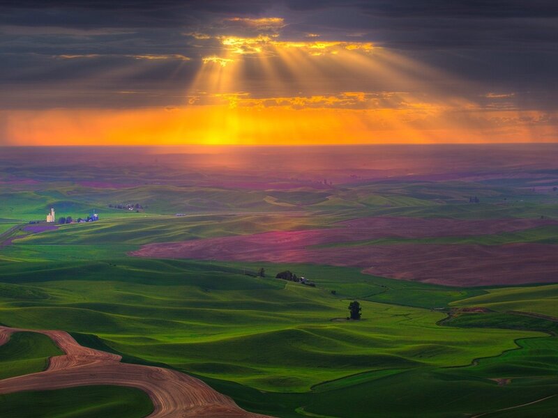 Rolling Green Hills — Dramatic, Sunset, Photograph, Farm Buildings