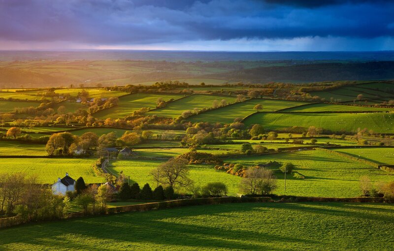 Rolling Green Hills — Dramatic, Sunset, Photograph, Fields, Farmhouse