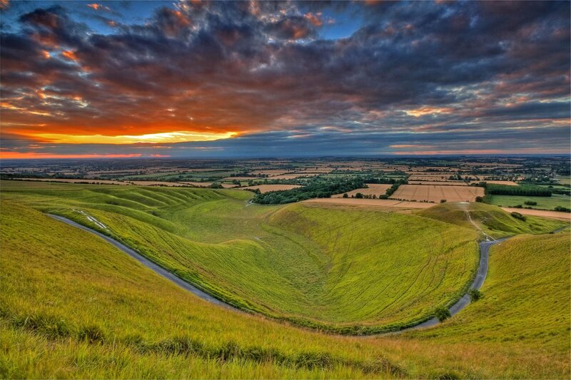 Rolling Green Hills — Dramatic, Sunset, Photograph, Road