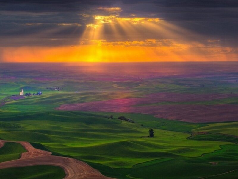 Rolling Green Hills — Dramatic, Sunset, Photograph, Sunlight, Clouds, Farmhouse