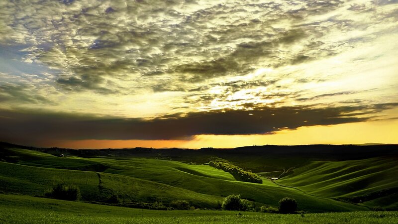 Rolling Green Hills — Dramatic, Sunset, Photograph, Trees, Clouds