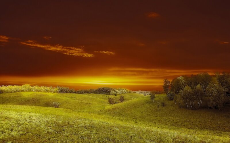 Rolling Green Hills — Dramatic, Sunset, Photograph, Trees