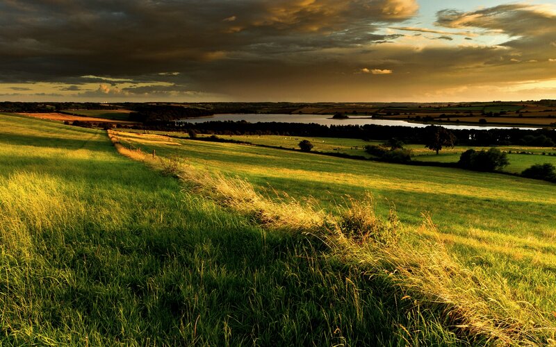 Rolling Green Hills Landscape — Dramatic, Sunset