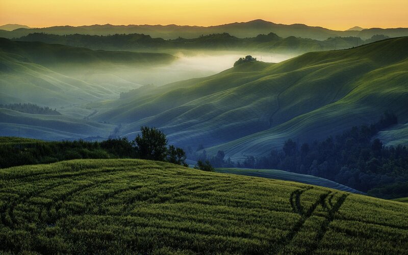 Rolling Green Hills — Serene, Morning, Photograph, Fog, Mountains